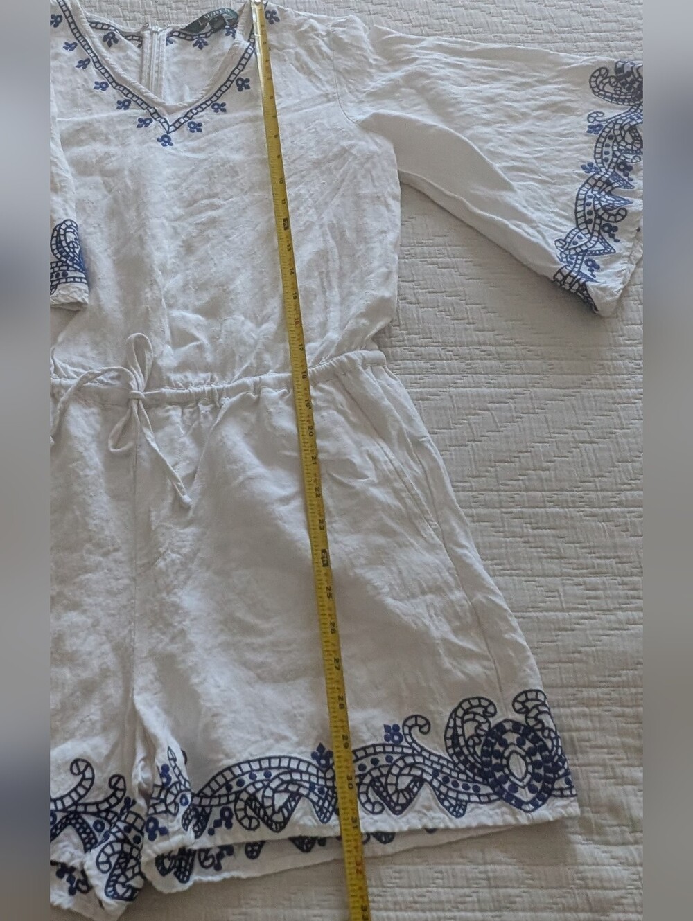 Lauren Ralph Lauren White Linen Flair Sleeve Shorts Romper Navy Embroidery Sz 6 - Picture 5 of 10